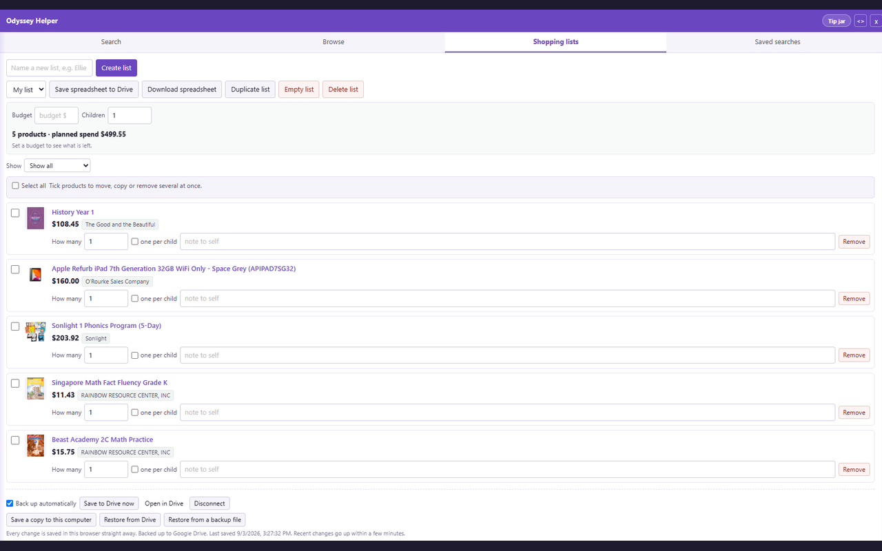 Shopping lists tab